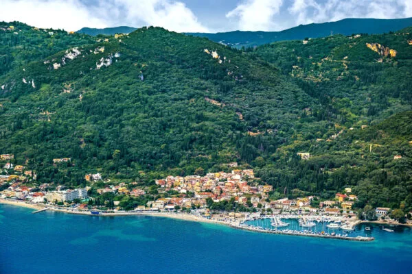 benitses corfu port aerial view